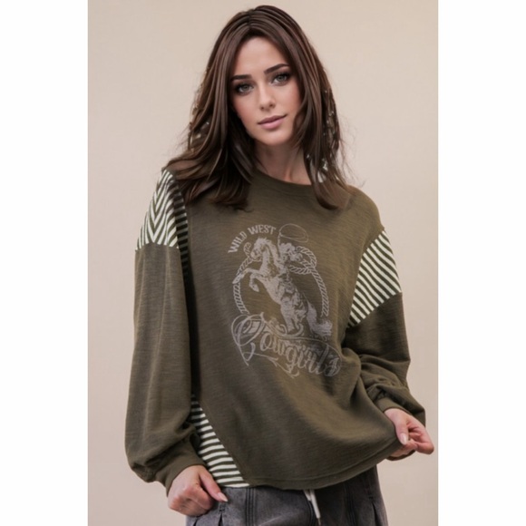 New! Olive Oversized Western Mixed Media Soft Top! - Picture 3 of 6